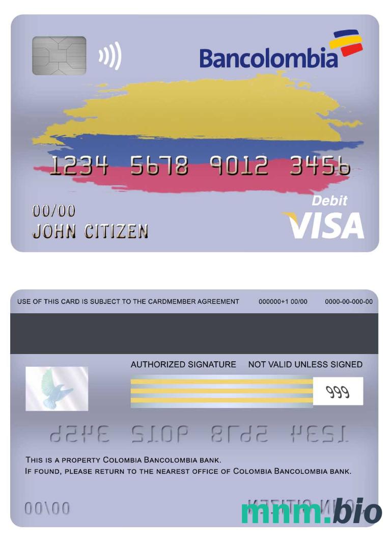 Colombia Bancolombia bank visa debet karta przykład w formacie PSD